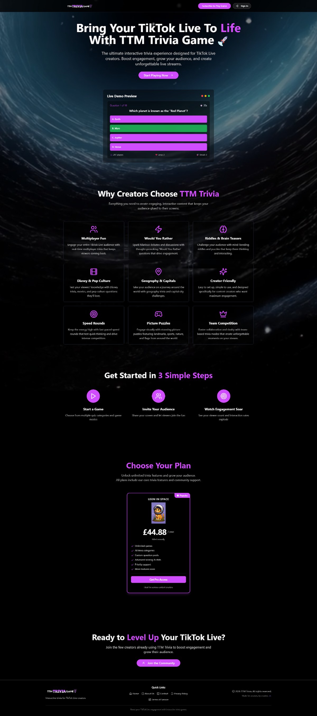 TTM Trivia Game website preview